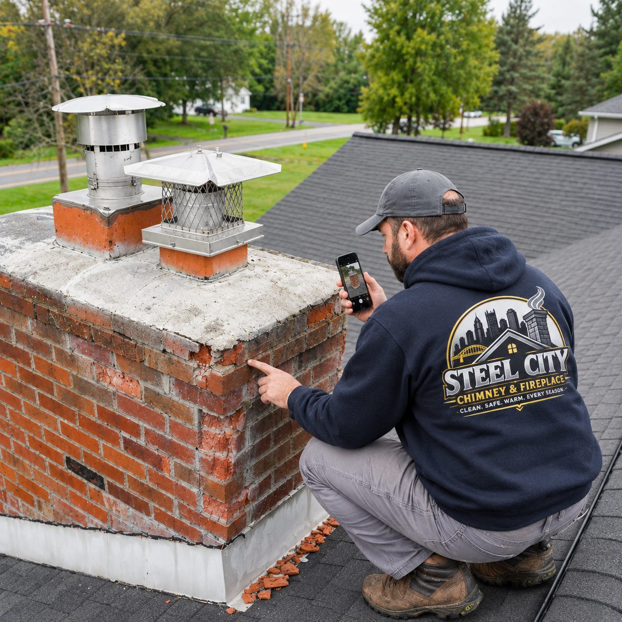 Technician inspecting a brick chimney on a Pittsburgh-area roof