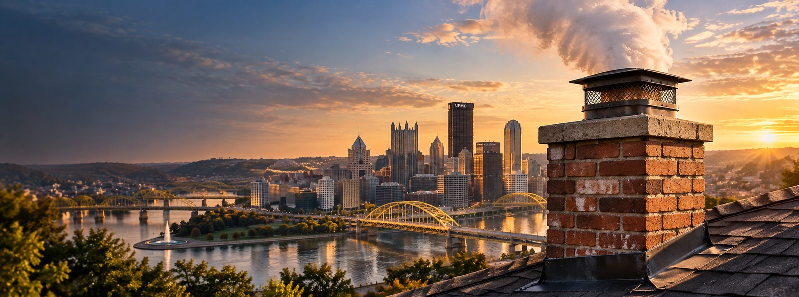 Pittsburgh region skyline with a brick chimney